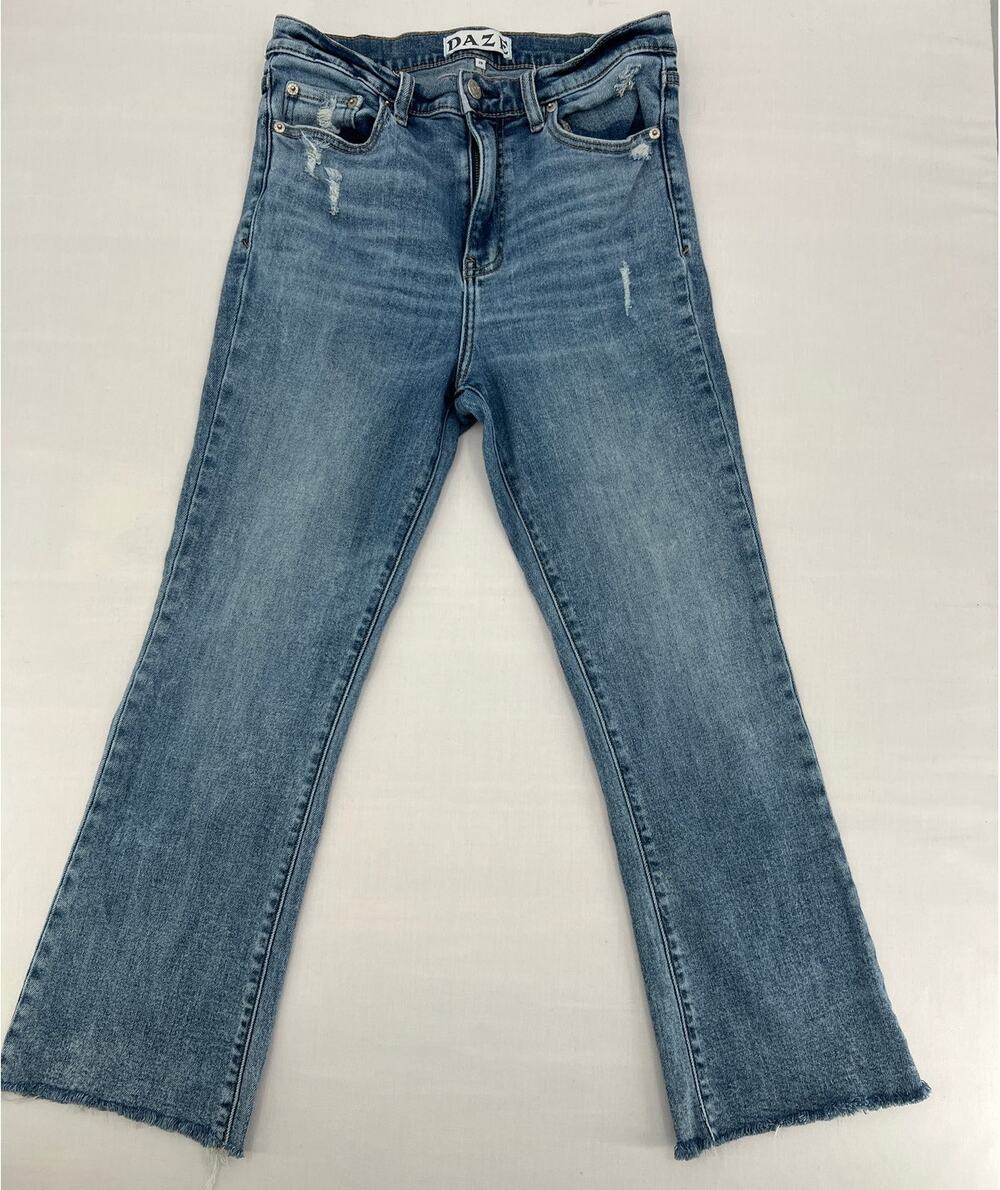DAZE High Rise Distressed Crop Flare Jeans Size 29 Medium Wash Raw Hem